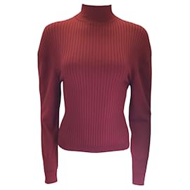 Céline-Celine Burgundy Long Sleeved Ribbed Knit Wool Sweater-Dark red