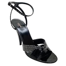 Céline-Celine Black Patent Edwige Sandals with Crystal Embellishments-Black