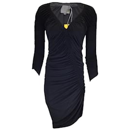 Fendi-Fendi Robe midi noire froncée à manches longues et col en V en jersey stretch-Noir