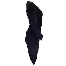 Fendi-Fendi Robe midi noire froncée à manches longues et col en V en jersey stretch-Noir