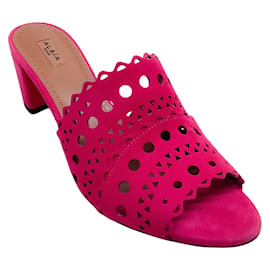 Alaïa-Alaia Fuchsia Suede Cut Out Mules-Pink