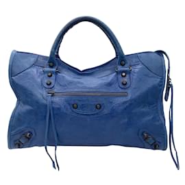 Balenciaga-Balenciaga Blue Agneau Lambskin Leather Classic Hardware City Handbag-Blue