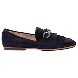 Tod's-Tod's Fringed Loafers in Navy Blue Suede-Blue,Navy blue
