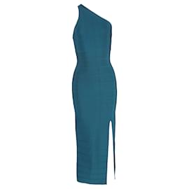Herve Leger-Herve Leger Icon One-Shoulder Bandage Gown in Teal Rayon-Other,Green