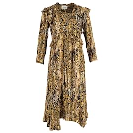 Ba&Sh-Ba&Sh Snake Print Ruffled Midi Dress in Yellow Viscose-Yellow
