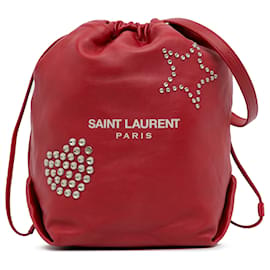 Saint Laurent-Saint Laurent Red Teddy Studded Leather Bucket Bag-Red