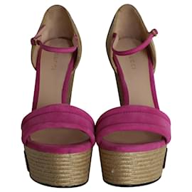 Gucci-Gucci Floral Espradrille Wedge Sandals in Pink Suede -Pink
