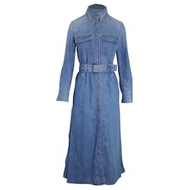 Chloé-Chloe Belted Midi Shirt Dress in Blue Cotton Denim -Blue