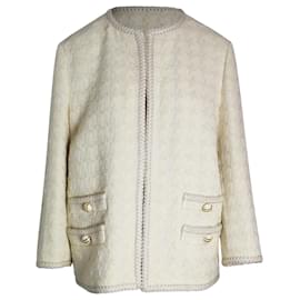 Gucci-Jaqueta Gucci Houndstooth com frente aberta em tweed de lã creme-Branco,Cru
