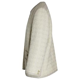 Gucci-Jaqueta Gucci Houndstooth com frente aberta em tweed de lã creme-Branco,Cru