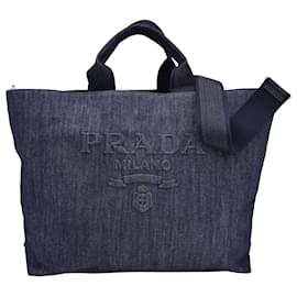 Prada-Prada Drill Denim Tote Bag in Blue Cotton Denim-Blue