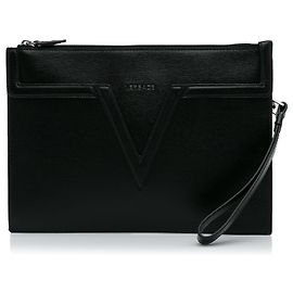 Versace Black V Logo Leather Clutch Black