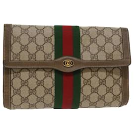 Gucci-GUCCI GG Canvas Web Sherry Line Clutch Bag PVC Leather Beige Red Auth 49998-Red,Beige,Green