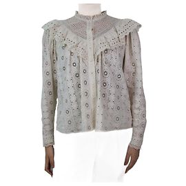 Ulla Johnson Cremefarbene, mit Spitze bestickte Rüschenbluse – Größe UK 10 Roh