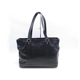 Céline-CELINE LEATHER HANDBAG LOGO EMBOSSED LEATHER HAND BAG PURSE-Black