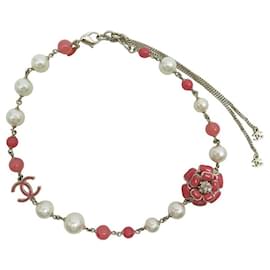Chanel-NEW CHANEL CAMELIA CHOKER NECKLACE IN CC LOGO ENAMEL AND NECKLACE PEARLS-Golden
