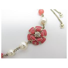 Chanel-NEW CHANEL CAMELIA CHOKER NECKLACE IN CC LOGO ENAMEL AND NECKLACE PEARLS-Golden