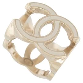 Chanel-NEW CHANEL CUB LOGO CC RING 54 GOLD METAL AND WHITE LACQUER NEW STEEL RING-Golden