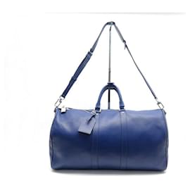 Louis Vuitton-LOUIS VUITTON KEEPALL HANDBAG 50 TAIGA BLUE LEATHER CROSSBODY TRAVEL BAG-Navy blue