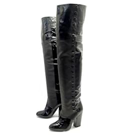 Chanel-SHOES BOOTS CHANEL G26293 Thigh high boots 37 BLACK PATENT LEATHER BLACK BOOTS-Black