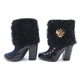 Chanel-CHANEL SHOES PARIS-MOSCOW ANKLE BOOTS 38.5 PATENT LEATHER & FUR BOOTS-Blue