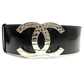 Chanel-CEINTURE CHANEL LOGO CC EXTRA LARGE 68MM T80 CUIR NOIR VERNIS BLACK BELT-Noir