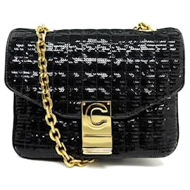 Céline-SAC A MAIN CELINE CLASSIC PETIT MODELE 188403 SEQUINS NOIR CHAINE DORE BAG-Noir