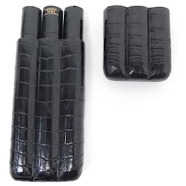 Hermès-VINTAGE HERMES CASE A 3 LONG CIGARS BLACK CROCODILE LEATHER CIGAR CASE-Black