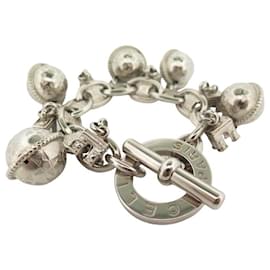 Céline-VINTAGE CELINE BRACELET ARC DE TRIOMPHE & LOGO CHARMS 18 CM IN PALLADI STEEL-Silvery