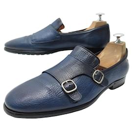 Santoni-SANTONI SHOES CARLOS MOCCASINS 13907 7 IT 42 FR GRAINED LEATHER BUCKLE-Blue