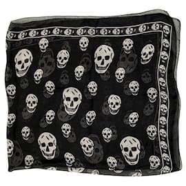 Alexander Mcqueen-Alexander McQueen Black w. Gray Skulls & Logo Print Large Silk Scarf Wrap-Black