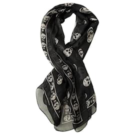 Alexander Mcqueen-Alexander McQueen Black w. Gray Skulls & Logo Print Large Silk Scarf Wrap-Black