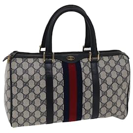 Gucci-GUCCI GG Canvas Sherry Line Boston Bag Gray Red Navy 012384258 Auth bs7178-Red,Grey,Navy blue
