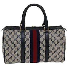 Gucci-GUCCI GG Canvas Sherry Line Boston Bag Gray Red Navy 012384258 Auth bs7178-Red,Grey,Navy blue