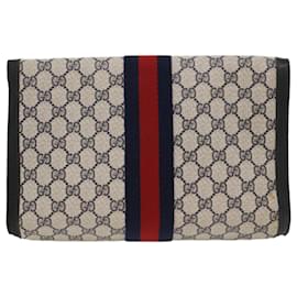 Gucci-GUCCI GG Canvas Sherry Line Clutch Bag PVC Leder Rot Marinegrau Auth th3865-Rot,Grau,Marineblau