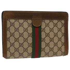 Gucci-GUCCI GG Toile Web Sherry Line Pochette Beige Rouge 37.014.2125 Auth yk8078-Rouge,Beige