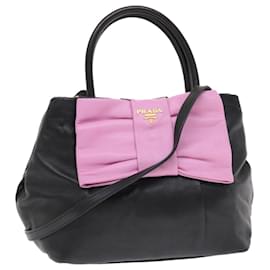 Prada-PRADA Ribbon Hand Bag Leather 2way Black Pink Auth 49914-Black,Pink