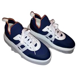 Hermès-Hermès sneaker in mesh canvas and blue leather.-Navy blue