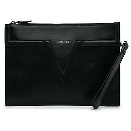 Versace Black V Logo Leather Clutch Black