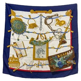 Hermès *** Lenço de seda de memórias HERMES HERMES Branco Azul marinho
