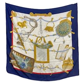 Hermès-***HERMES  HERMES Memories Silk Scarf-White,Navy blue