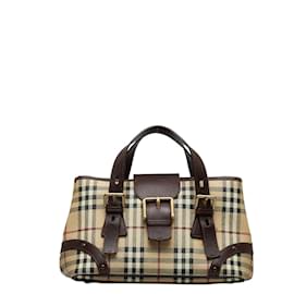 Burberry-Haymarket Check Canvas-Handtasche mit Schnalle-Braun