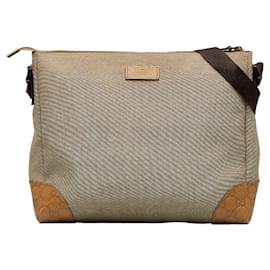 Gucci-Leather-Trimmed Canvas Messenger Bag 257301-Brown