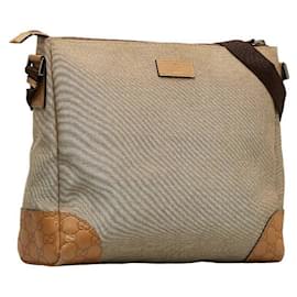 Gucci-Leather-Trimmed Canvas Messenger Bag 257301-Brown