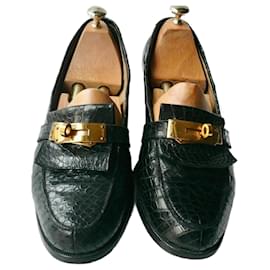 Hermès-HERMES Black Croco Loafers very good condition 40,5 IT-Black