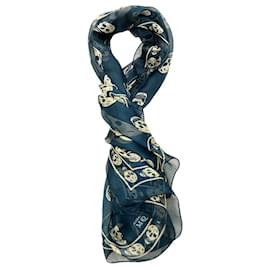 Alexander Mcqueen-Alexander McQueen Blu con. Avvolgente sciarpa di seta grande con teschi color crema e stampa logo-Blu