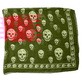 Alexander Mcqueen-Alexander McQueen Red w. Cream Skulls & Logo Print Large Silk Scarf Wrap-Red