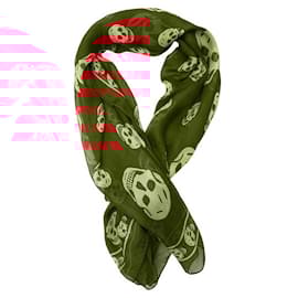 Alexander Mcqueen-Alexander McQueen Red w. Cream Skulls & Logo Print Large Silk Scarf Wrap-Red