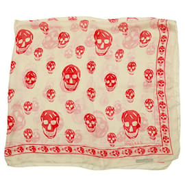 Alexander Mcqueen-Alexander McQueen White w. Red Skulls & Logo Print Large Silk Scarf Wrap-White,Red