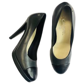 Chanel Platform Heels Dark Grey and Black Leather Black Dark grey